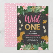 Invitation Fille de la fête des Dinosaures roses de Wild One  (Devant / Derrière)