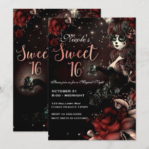 Invitation Fille de la Fête des Morts Noir Rouge Sweet 16 Par