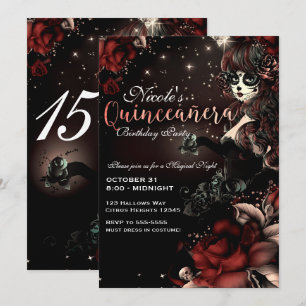 Invitation Fille de la Fête des Morts Rouge Noir Quinceañera 