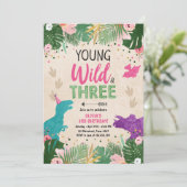 Invitation Fille de la fête des Trois Dinosaures rose (Debout devant)