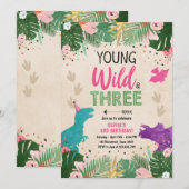 Invitation Fille de la fête des Trois Dinosaures rose (Devant / Derrière)