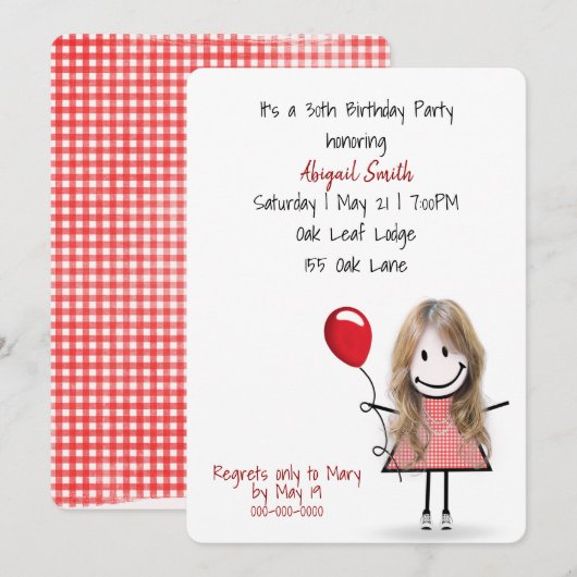 Invitation Fille de la fête du 30e anniversaire avec ballon r (Devant / Derrière)