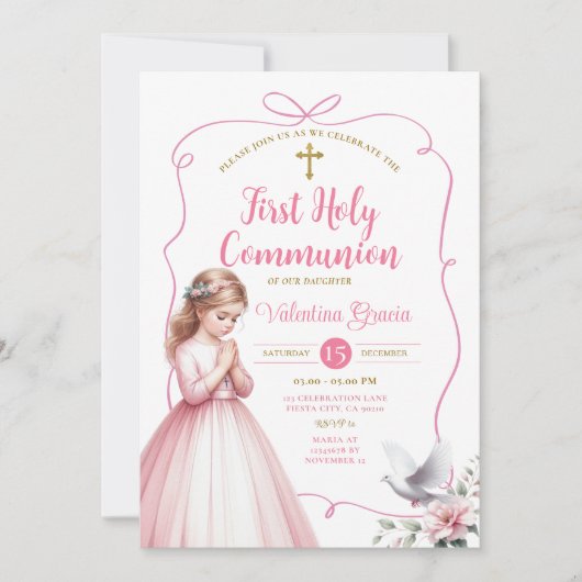 Invitation Fille de la première communion florale rose priant (Devant)