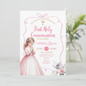 Invitation Fille de la première communion florale rose priant (Debout devant)