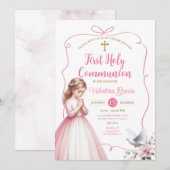 Invitation Fille de la première communion florale rose priant (Devant / Derrière)