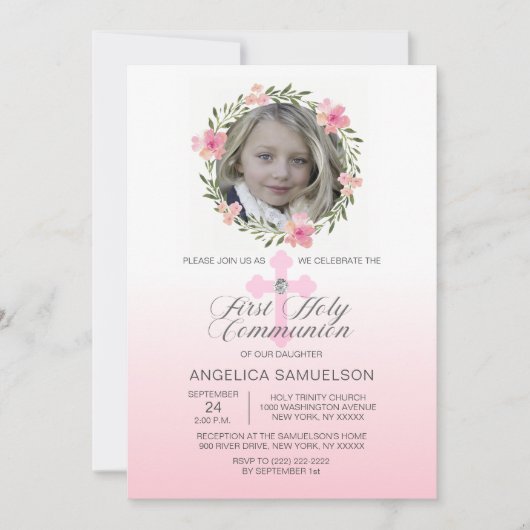 Invitation FILLE de la Première Communion Rose de la couronne (Devant)