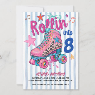 Invitation Fille de l'anniversaire de roller skating rétro Fa