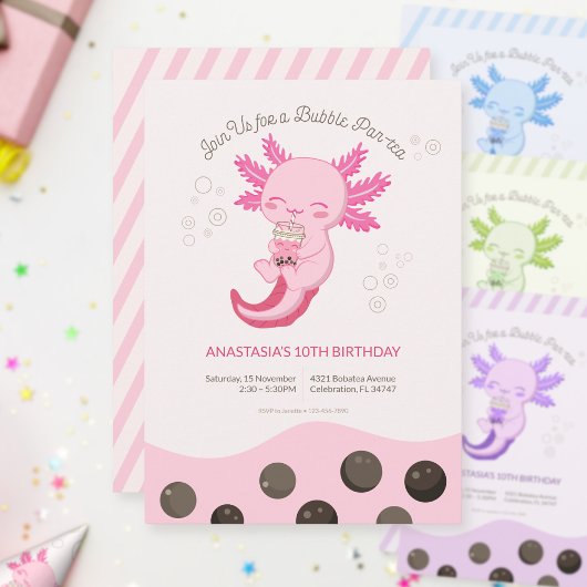 Invitation Fille de l'anniversaire du Axolotl Rose Bubble Bob