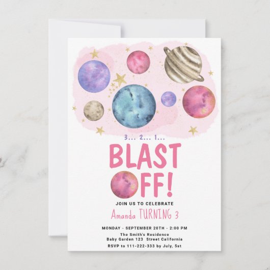 Invitation Fille de l'espace explose à l'anniversaire Star Pa (Devant)