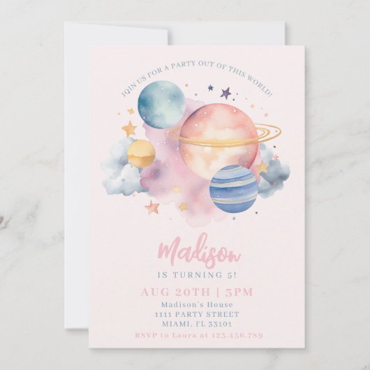 Invitation Fille de l'espace extérieur Planètes d'anniversair (Devant)