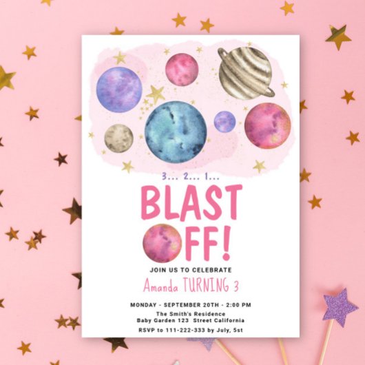 Invitation Fille de l'espace Fête d'anniversaire étoile décol