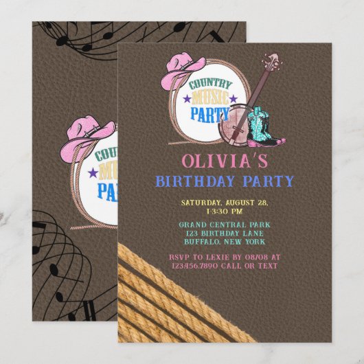 Invitation Fille de musique country fête d'anniversaire (Devant / Derrière)