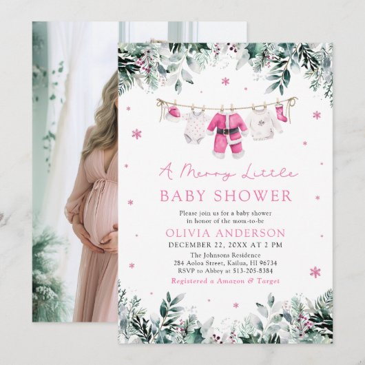 Invitation Fille de Noël rose un joyeux petit Baby shower (Devant / Derrière)