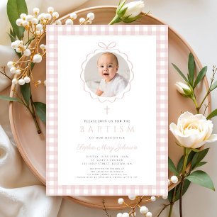 Invitation Fille de photo d'arc élégant rose pâle Baptême