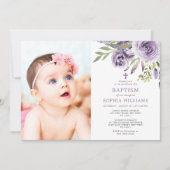 Invitation Fille de photo florale de rose violette Baptême (Devant)