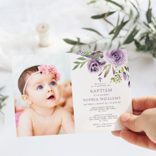 Invitation Fille de photo florale de rose violette Baptême
