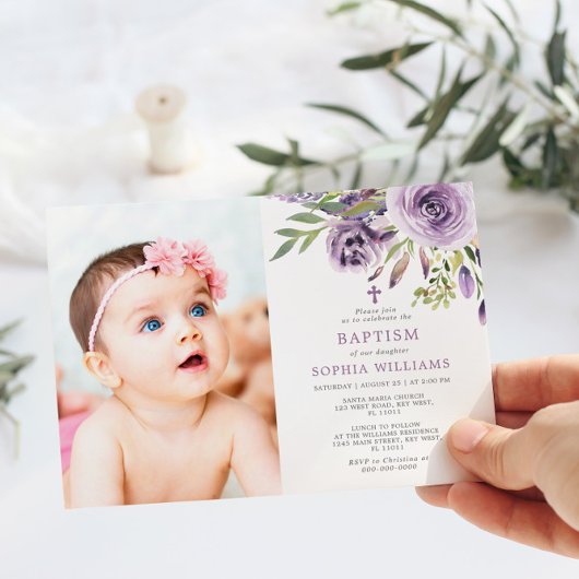 Invitation Fille de photo florale de rose violette Baptême