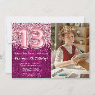 Invitation Fille de photo Magenta Rose Pailleté 13e Anniversa