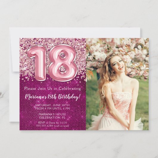 Invitation Fille de photo Magenta Rose Pailleté 18e Anniversa (Devant)
