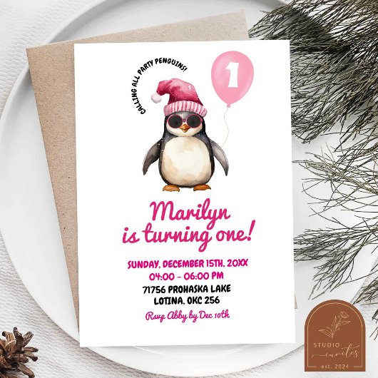 Invitation Fille de premier anniversaire de pingouin rose hiv