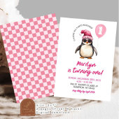 Invitation Fille de premier anniversaire de pingouin rose hiv
