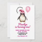 Invitation Fille de premier anniversaire de pingouin rose hiv (Devant)