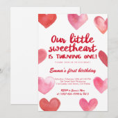 Invitation Fille de premier anniversaire Saint-Valentin rose (Devant / Derrière)