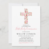 Invitation Fille de première communion Fleur rose Croix (Devant)