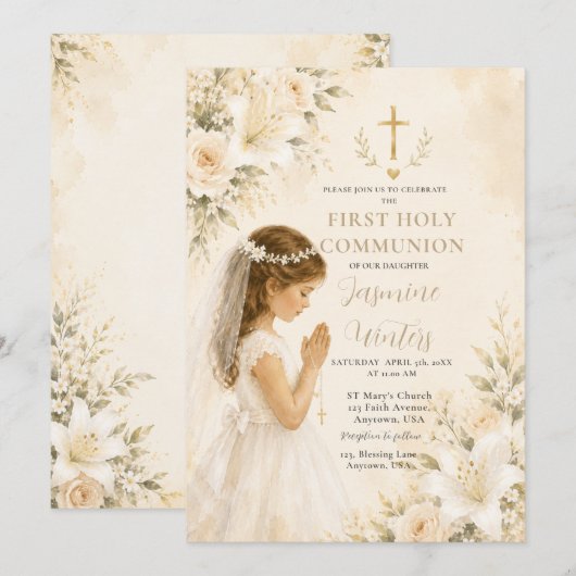 Invitation Fille de première communion florale (Devant / Derrière)