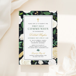 Invitation Fille de première communion florale verte noire et