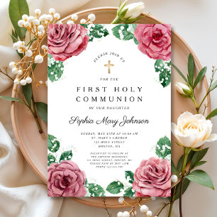 Invitation Fille de première communion religieuse florale élé
