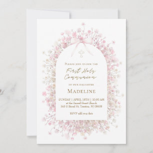 Invitation fille de première communion rose blanc