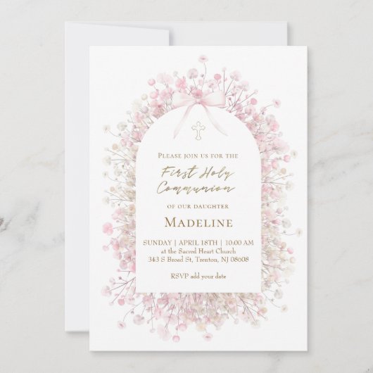Invitation fille de première communion rose blanc (Devant)