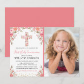 Invitation Fille de première communion sainte Croix florale P (Devant / Derrière)