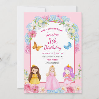 Invitation Fille de princesse aquarelle rose bleu illustrée