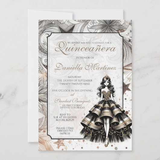 Invitation Fille de Quinceañera Noir & Or (Devant)