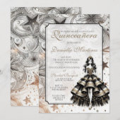 Invitation Fille de Quinceañera noire et or (Devant / Derrière)