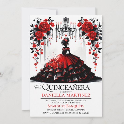 Invitation Fille de Quinceañera noire et rouge (Devant)