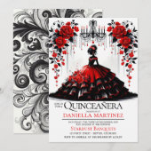 Invitation Fille de Quinceañera noire et rouge (Devant / Derrière)