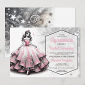 Invitation Fille de Quinceañera rose et argent (Devant / Derrière)