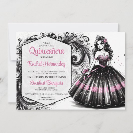 Invitation Fille de Quinceañera rose et noir (Devant)