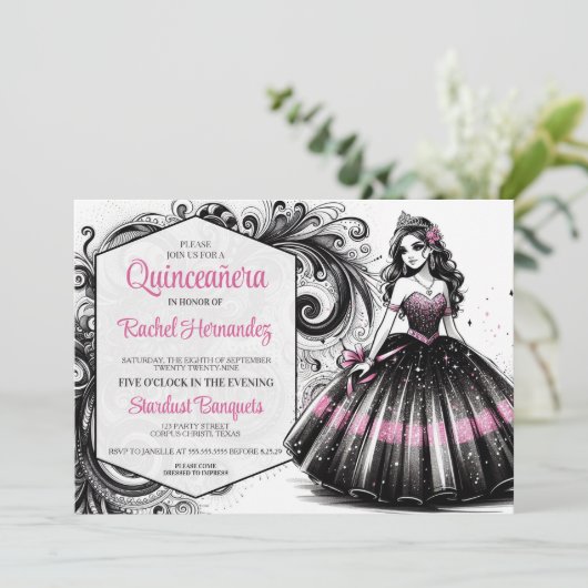 Invitation Fille de Quinceañera rose et noir (Debout devant)