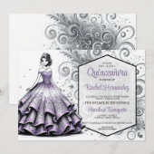 Invitation Fille de Quinceañera Violette & Argentée (Devant / Derrière)