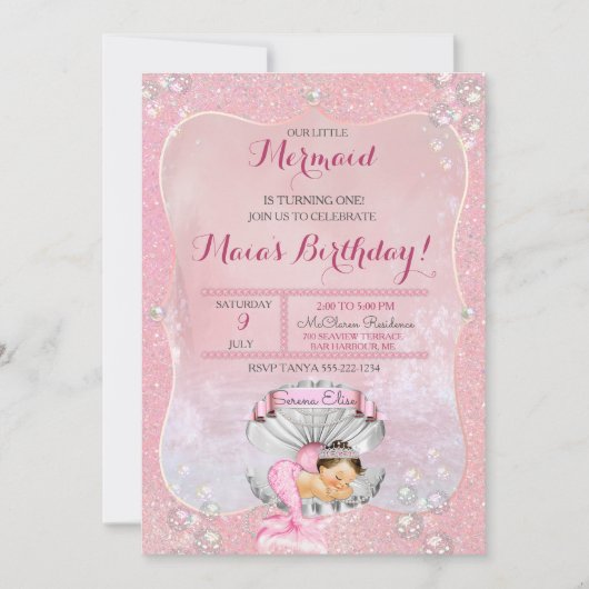 Invitation Fille de sirène couchant perles roses coquille (Devant)