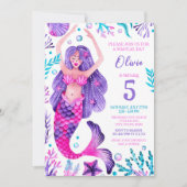 Invitation Fille de sirène fête d'anniversaire rose et violet (Devant)