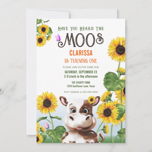 Invitation Fille de Tournesol de vache premier anniversaire (Devant)