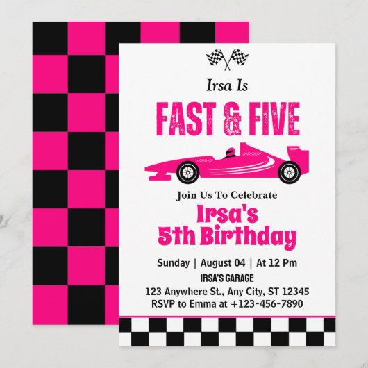 Invitation Fille de voiture de course Fast & Five 5ème annive (Devant / Derrière)