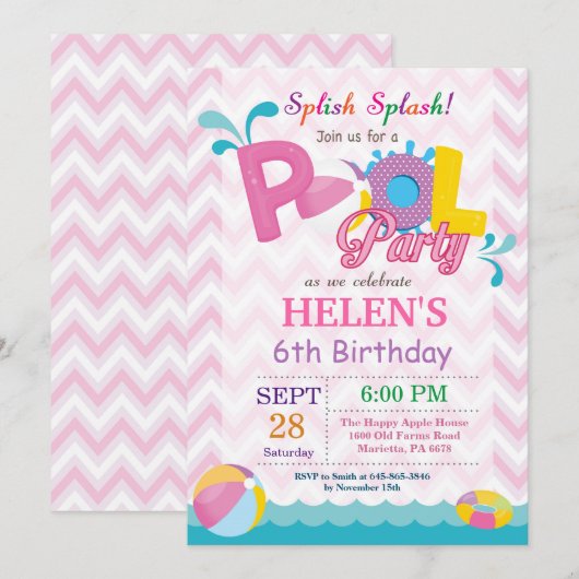 Invitation Fille d'éclaboussure de Splish d'invitation (Devant / Derrière)