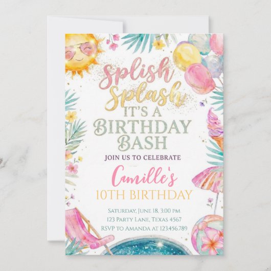 Invitation Fille d'éclaboussure Splash d'été Anniversaire (Devant)