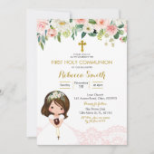 Invitation Fille dentelle florale rose première communion Inv (Devant)